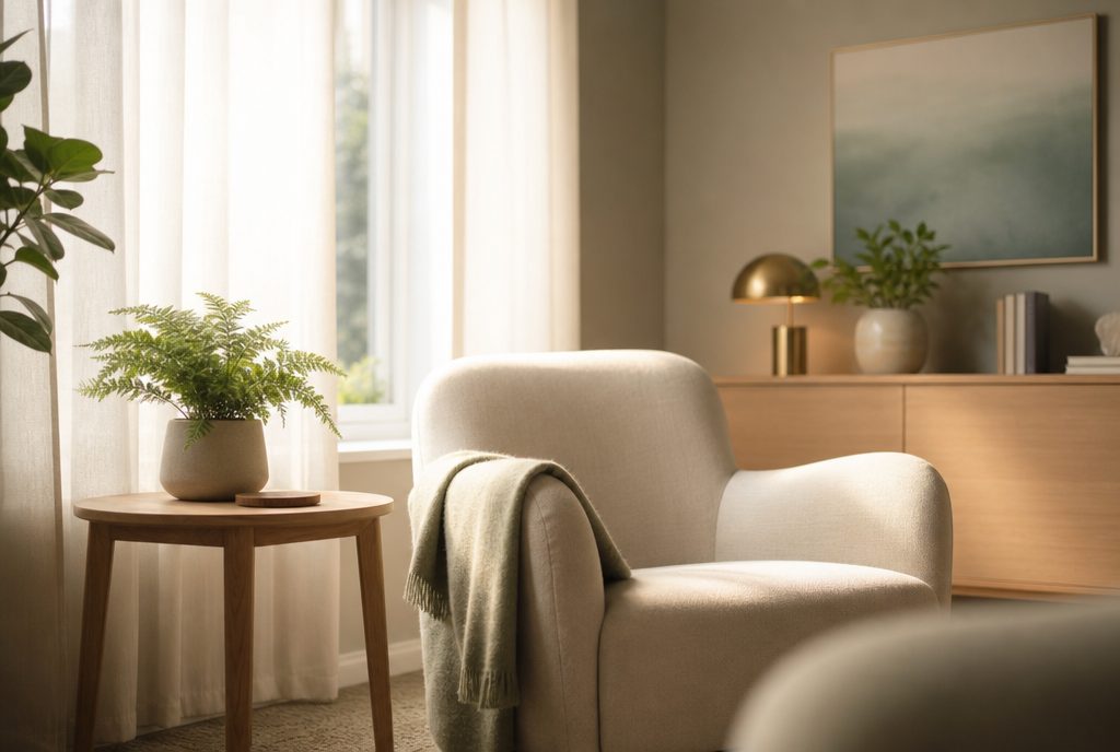 A calm, sunlit consultation room with a comfortable armchair